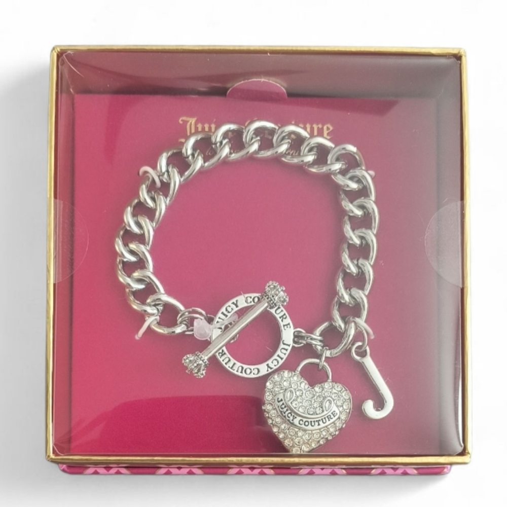 Juicy Couture Crystal Heart Charm Silver-tone Toggle Bracelet